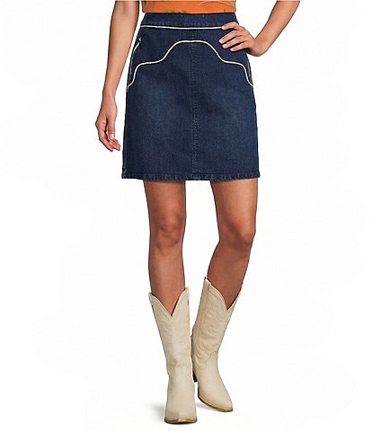 Reba Denim Contrast Piping A-Line Coordianting Skirt