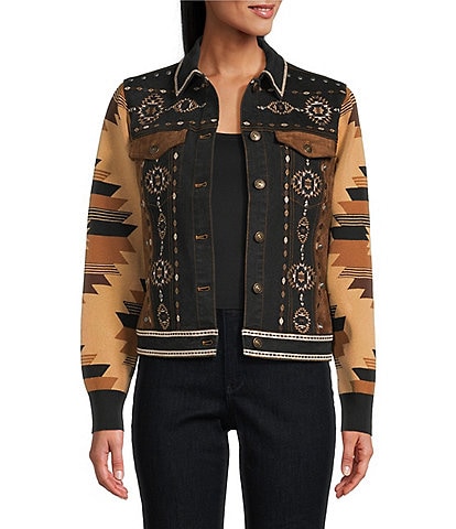 Reba Denim Faux Suede Knit Jacquard Point Collar Long Sleeve Embroidered Button Front Jacket