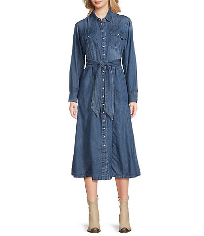 Reba Denim Point Collar Button Down Flared Shirt Tie Waist Midi Dress