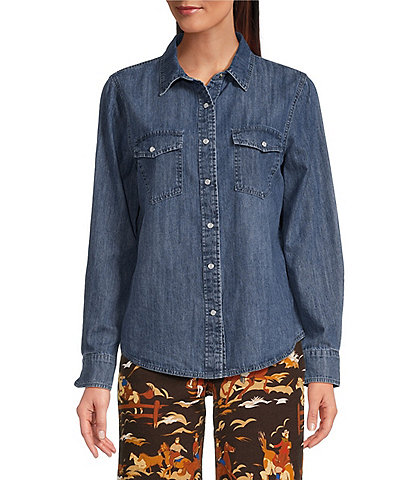 Reba Denim Point Collar Long Sleeve Snap Front Western Style Shirt