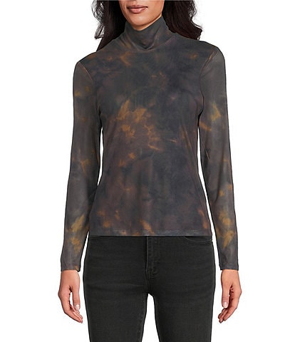 Reba Dustwood Mesh Knit Abstract Print Mock Neck Long Sleeve Top