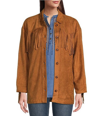 Reba Faux Suede Button Front Long Sleeve Point Collar Fringe Jacket