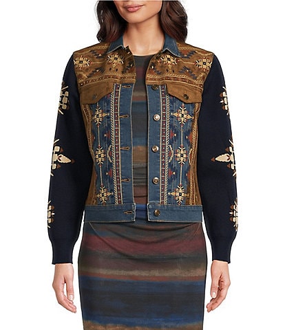 Reba Faux Suede Chest Embroidered Knit Long Sleeve Denim Statement Jacket