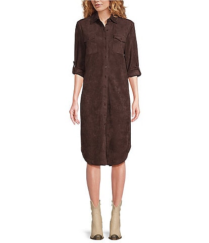 Reba Faux Suede Pointed Collar Western Style Button Down Shirttail Midi Dress