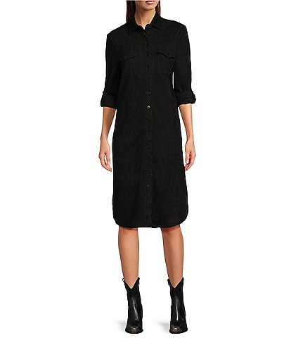 Reba Faux Suede Pointed Collar Western Style Button Down Shirttail Midi Dress