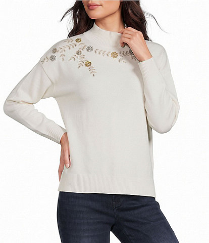 Reba Floral Beading Mock Neck Sweater