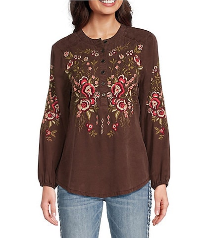 Reba Floral Embroidered Long Sleeve Henley Peasant Tunic