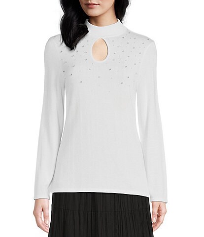 Reba Gabrielle Rhinestone Embellished Ribbed Mock Neck Keyhole Long Sleeve Sweater