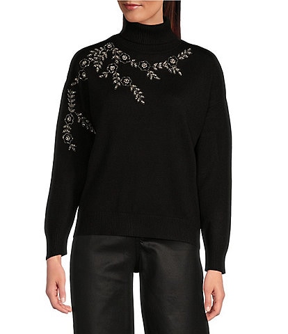 Reba Jersey Knit Sequin Embroidered Turtleneck Dropped Long Sleeve Pullover Sweater