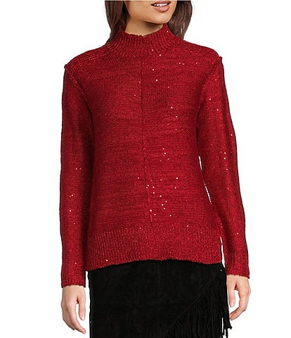 Reba Katrina Knit Sequin Mock Neck Long Sleeve Pullover Sweater