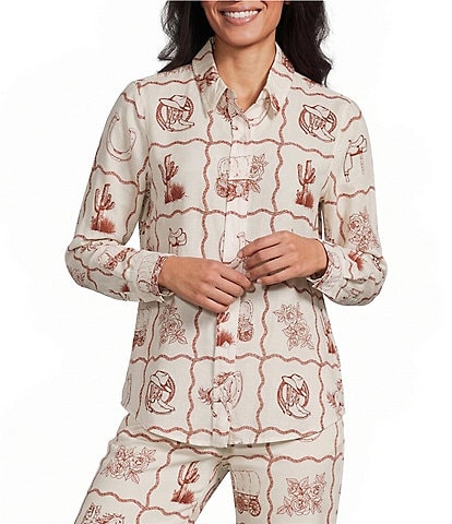 Reba Kira Voile Western Print Point Collar Long Sleeve Coordinating Blouse