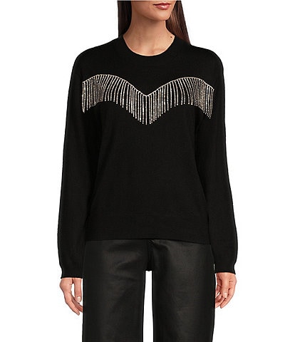 Reba Knit Rhinestone Fringe Front Crew Neck Long Sleeve Pullover Sweater