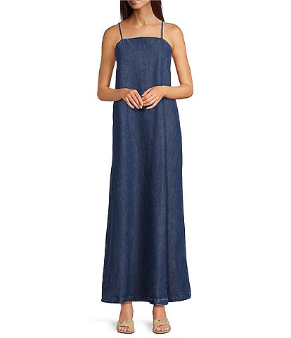 Reba Leona Denim Square Neck Sleeveless Maxi A-Line Dress