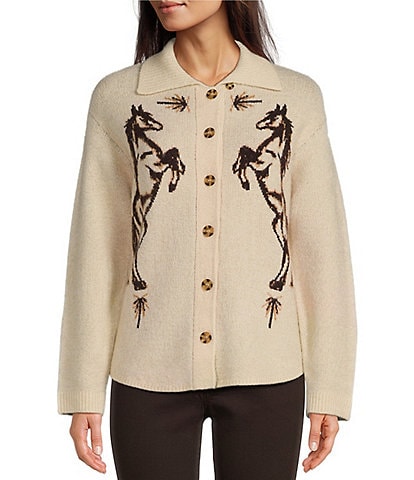 Reba Long Sleeve Button Front Horse Motif Sweater Cardigan