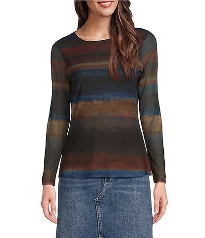 Reba Mesh Abstract Stripe Graphic Print Crew Neck Sheer Long Sleeve Tee Shirt