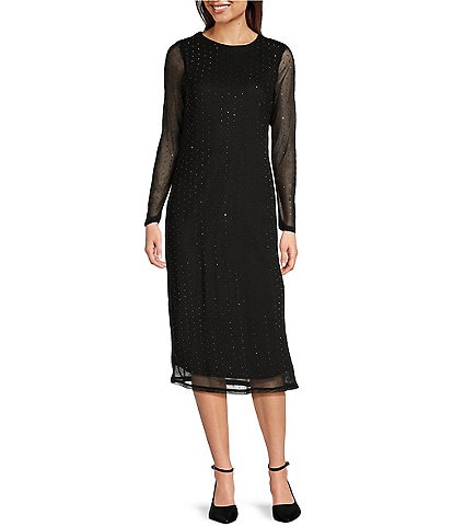 Reba Mesh Hematite Studded Scoop Neck Long Sleeve Column Sheath Midi Dress