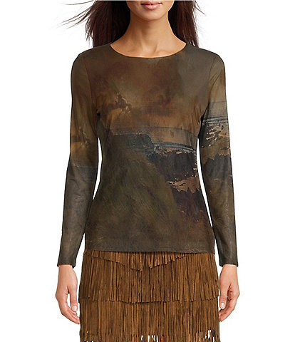 Reba Mesh Abstract Scenic Graphic Print Crew Neck Sheer Long Sleeve Tee Shirt