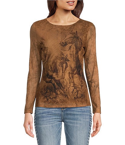 Reba Mesh Wild Mustang Graphic Print Crew Neck Sheer Long Sleeve Tee Shirt