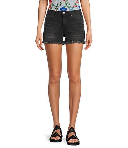 Reba Mid Rise 5 Pocket Frayed Hem Stretch Denim Cut Off Shorts
