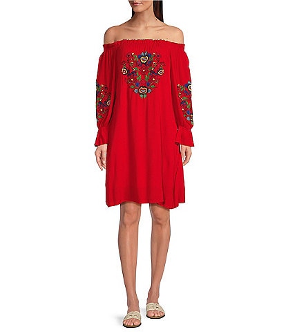 Reba Off-the-Shoulder Long Sleeve Floral Embroidered Dress