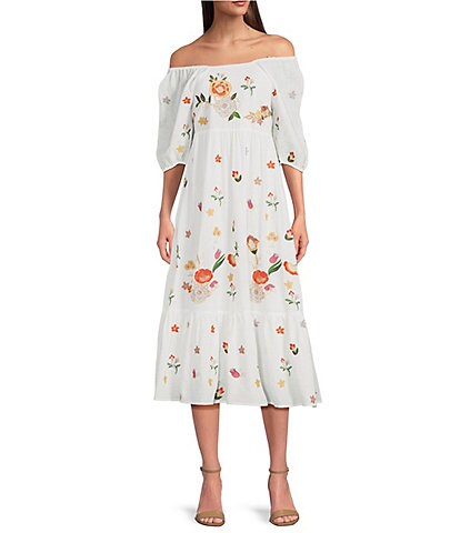 Reba Off-The-Shoulder Short Sleeve Smocked Back Floral Embroidered A-Line Midi Dress