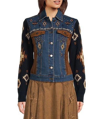 Reba Point Collar Embroidered Denim Faux Suede Long Sleeve Statement Jacket
