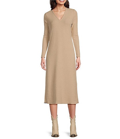 Reba Ribbed Knit V-Neck Long Sleeve Sheath Midi Dress