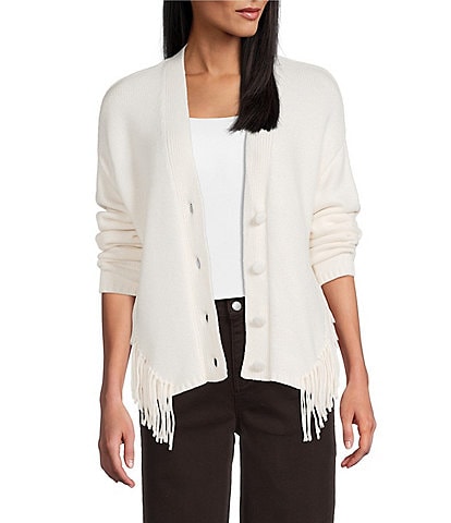 Reba Sage Knit V-Neck Asymmetrical Fringe Long Sleeve Button Down Cardigan