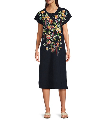 Reba Scoop Neck Short Sleeve Floral Embroidered Knit Shift Midi Dress