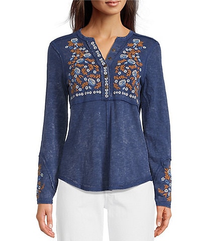Reba Sedona Scoop Neck Long Sleeve Embroidered Henley Tee