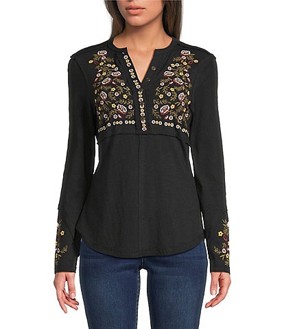 Reba Sedona Scoop Neck Long Sleeve Embroidered Henley Tee