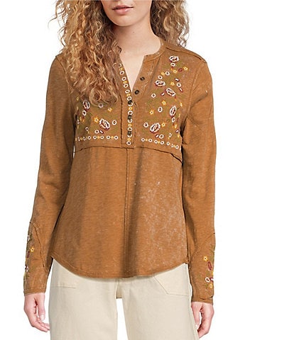 Reba Sedona Scoop Neck Long Sleeve Embroidered Henley Tee
