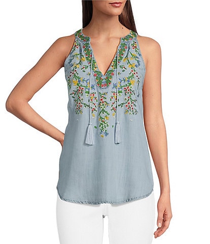 Reba Sleeveless Floral Embroidered Chambray Top