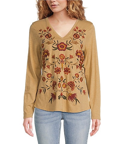 Reba Slub Jersey V-Neck Floral Embroidered Long Sleeve Shirttail Top