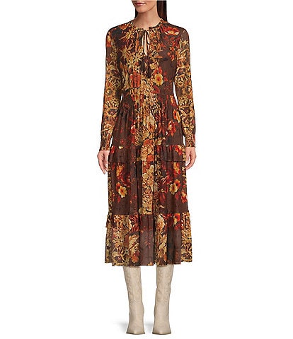 Reba Smocked Waist Tapestry Floral Print Tiered Ruffle Detail Mesh Dress