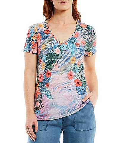 Reba V-Neck Burnout Tropical Floral Print Jersey Knit Stud Embellished Short Sleeve Tee