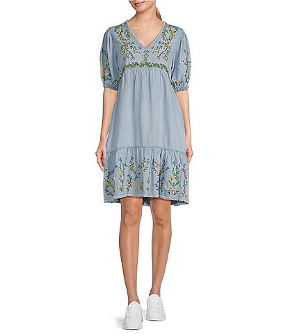 Reba V-Neck Floral Embroidered Puff Sleeve Chambray Dress