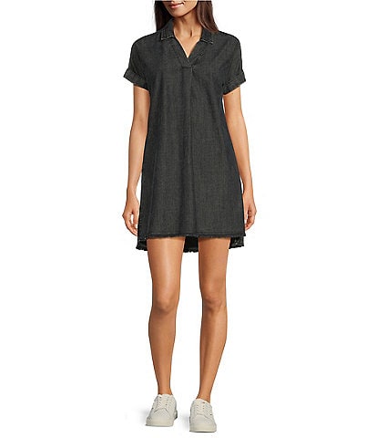 Reba V-Neck Short Cap Sleeve Frayed Hem Chambray Shift Dress