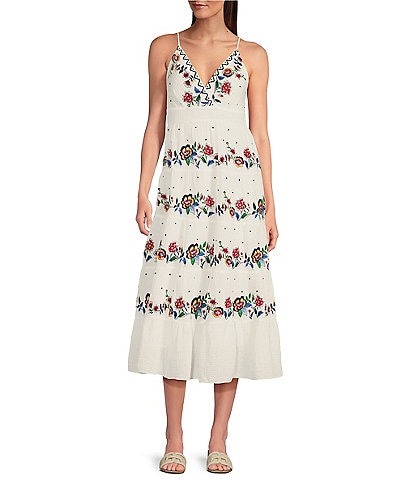 Reba V-Neck Sleeveless Floral Embroidered Tiered A-Line Dress