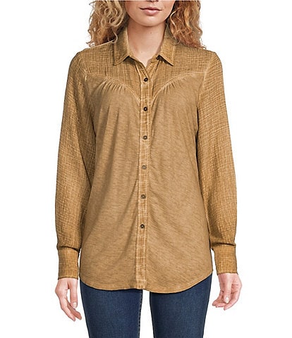 Reba Woven Knit Embroidered Point Collar Long Sleeve Shirttail Button Down Top