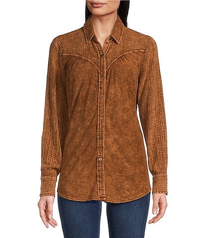 Reba Woven Knit Embroidered Point Collar Long Sleeve Shirttail Button Down Top