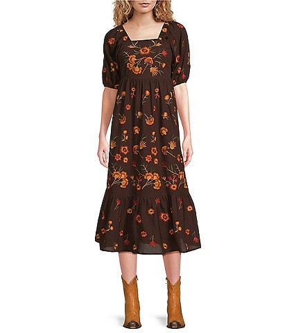 Reba Woven Mesh Floral Embroidered Sqaure Neck 3/4" Puff Sleeve Tiered A-Line Midi Dress