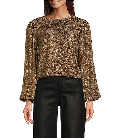 Reba Woven Mesh Sequin Ruched Crew Neck Long Peasant Sleeve Back Keyhole Blouse