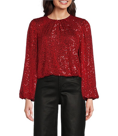 Reba Woven Mesh Sequin Ruched Crew Neck Long Peasant Sleeve Back Keyhole Blouse