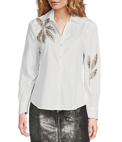 Reba Woven Poplin Sequin Embroidered Point Collar Dropped Long Sleeve Shirttail Button Down Shirt