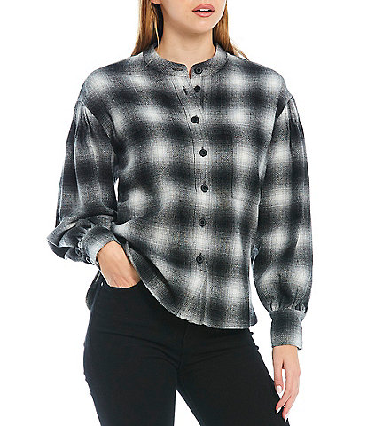 REBECCA MINKOFF Nellie Banded Collar Neck Long Bishop Sleeve Plaid Button Front Shirt