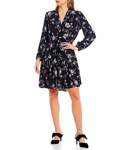 REBECCA MINKOFF Vanessa Floral Print V-Neck Long Blouson Sleeve Self Tie Drawstring Waist Tiered Dress