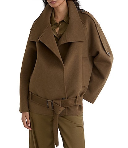 Reiss Lea Brushed Double-Faced Wool-Blend Funnel Neck Long Sleeve Belted Short Coat