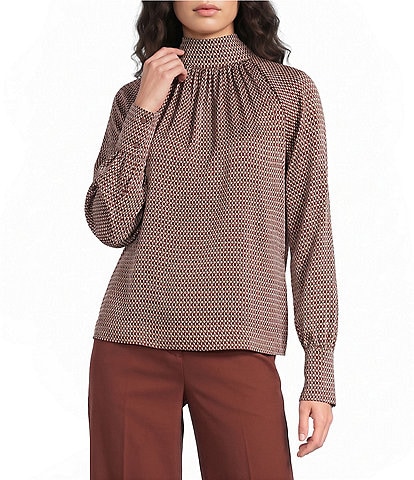 Reiss Woven Long Sleeve Geometric Print Top
