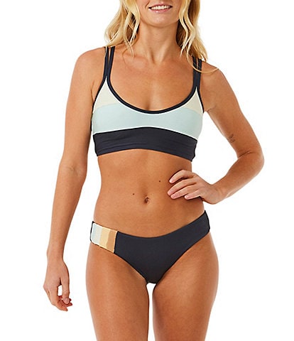 Rip Curl Block Party Spliced Crop Swim Top & Spliced Cheeky Ruched Back Hipster Swim Bottom